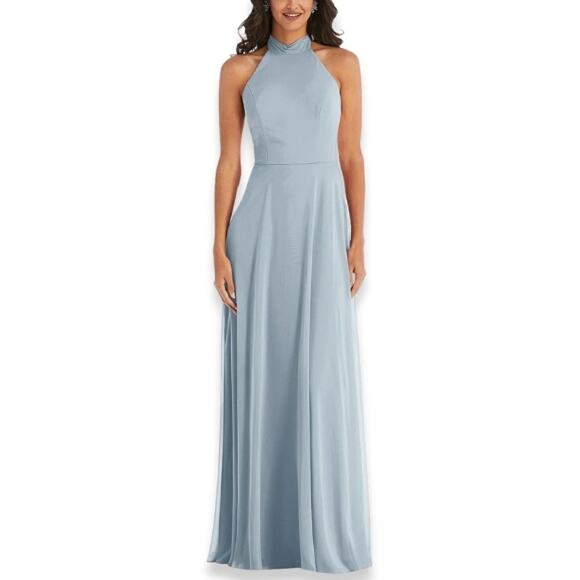 After Six Maxi Dress Halter Style Backless High Neck Chiffon Light Blue 14 NWOT - Picture 1 of 10
